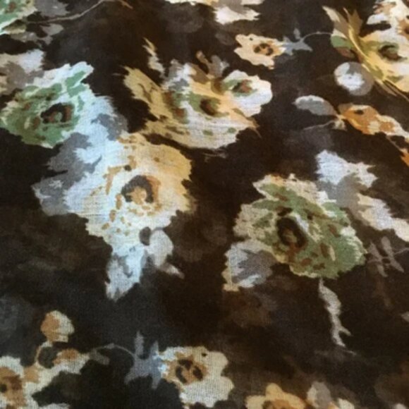 Large Voluminous Semi Sheer Tasseled Floral Scarf In Brown, Cream and Sage - Picture 13 of 14